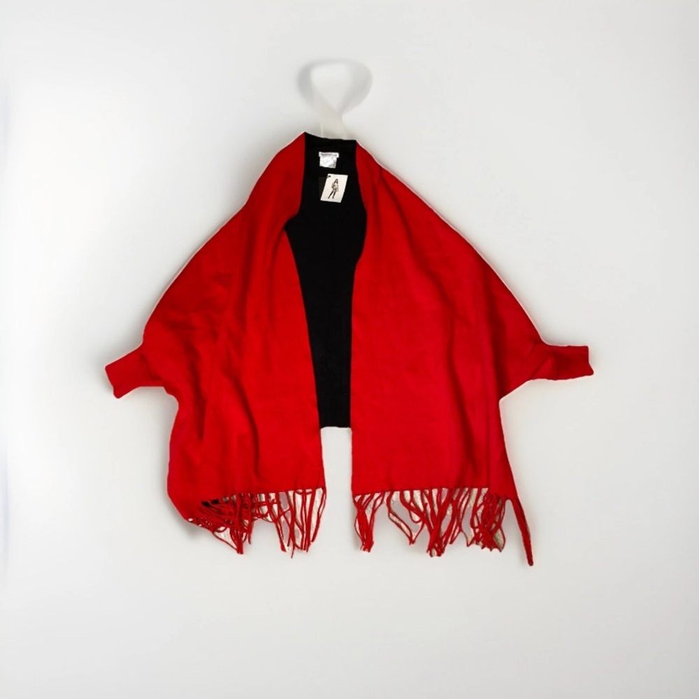 Crosstree Lane Red Luxurious Fringe Ends Cape Poncho Wrap W/Cropped Sleeves NWT